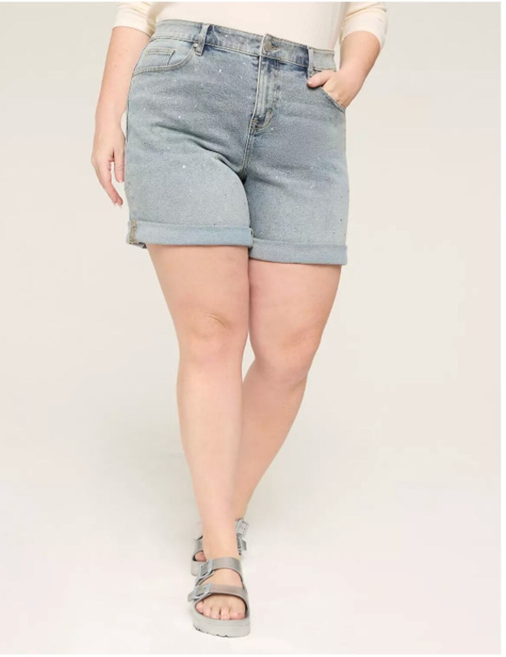 LANE BRYANT Mid-Rise Boyfriend Glitz Midi Denim Shorts // 14